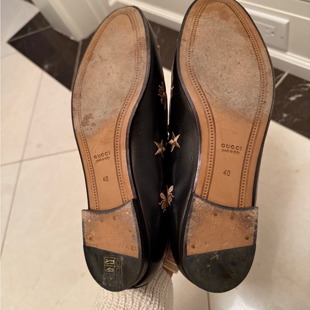 Gucci Black Leather Horsebit Loafers with Gold Embroidered Stars & Bees - Picture 6 of 7